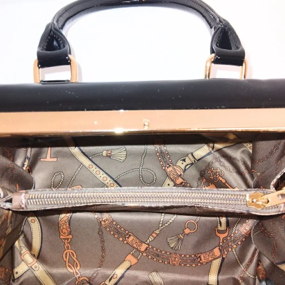 GRAMERCY & GRAND BLACK AND GOLD VEGAN LEATHER SATCHEL HANDBAG PURSE - NWT